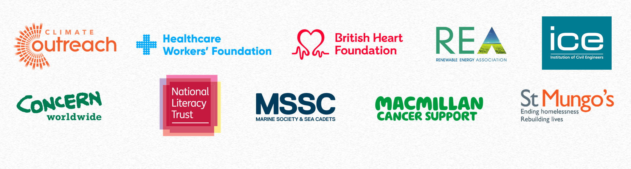 Charity logos including Climate Outreach, Concern Worldwide, the British Heart Foundation and Macmillan Cancer Support